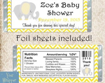 Elephant Chevron Yellow Grey Baby Shower Candy Bar Wrappers Party Favors Custom Personalized DIY