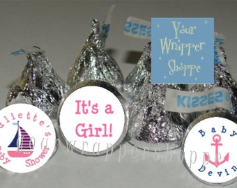 108 Personalized PINK NAUTICAL SAILOR It's a Girl Baby Shower Party Favors Kiss Labels Stickers Supplies