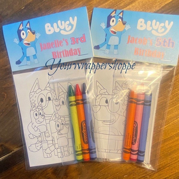 Kids Blue Dog Coloring Pages Party Favors Bags and Toppers Personalized Assembled with 3 Crayons wrapped in their own bag - No White Crayons