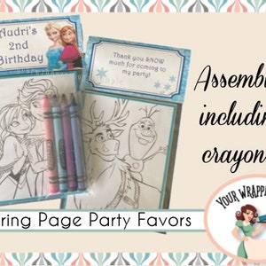 FROZEN Coloring Pages Party Favors Bags and Toppers Personalized Assembled with 3 Crayons in their own bags, No White Crayons