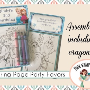 FROZEN Coloring Pages Party Favors Bags and Toppers Personalized Assembled with 3 Crayons in their own bags, No White Crayons
