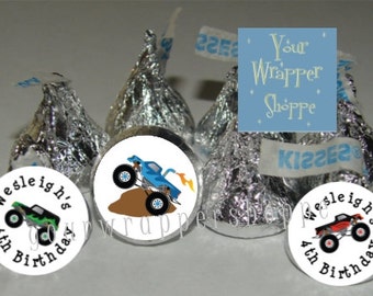 108 Monster truck Inspired Party Favors Kiss Labels Stickers Supplies Personalized Boys Girls