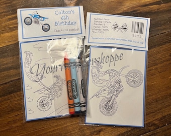 Dirt Bike Motocross  Quad Coloring Pages Party Favors Bags and Toppers Personalized with 3 Crayons in their own bags, No White Crayons