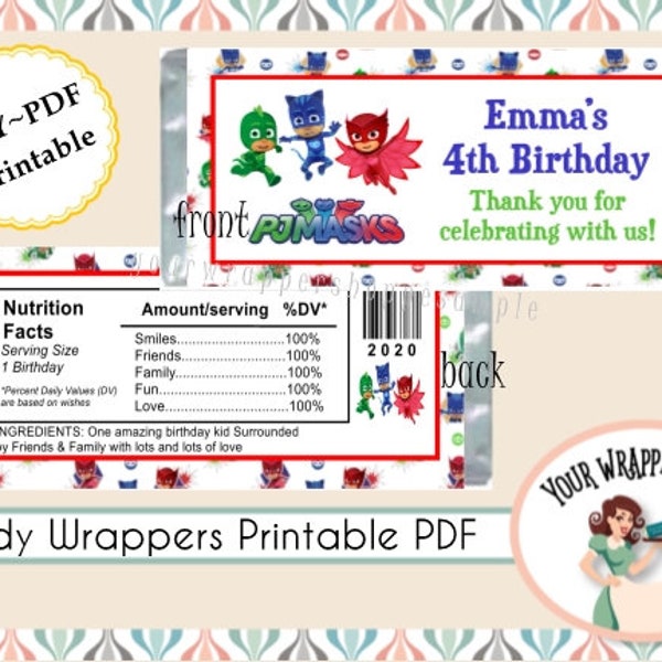 PJ Masks Candy Bar Wrappers Party Favors Custom Personalized DIY DIGITAL File Printable