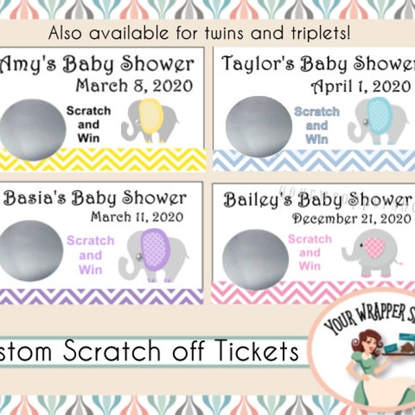Blue Pink Yellow Purple Elephant Chevron Baby Shower Jungle Diaper Raffle Party Game Scratch off Tickets Personalized Favors Custom Supplies