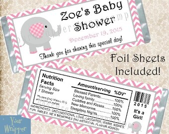 Elephant Chevron Pink Baby Shower Candy Bar Wrappers Party Favors Custom Personalized It's a Girl!