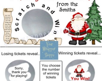 May include: A Christmas-themed scratch and win game card with a silver circle to scratch, a Santa Claus illustration, and a Christmas tree. The text on the card reads "Merry Christmas! from the Smiths" and "Scratch and Win". The card also includes the text "Losing tickets reveal... Sorry, thank you for playing!" and "Winning tickets reveal... You choose the number of winning tickets You Win!"
