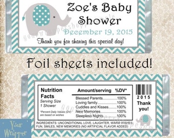 Elephant Chevron Teal Grey Baby Shower Candy Bar Wrappers Party Favors Custom Personalized DIY