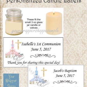 Personalized Printed Baptism 1st Communion Confirmation Religious Custom Candle Labels Party Favors
