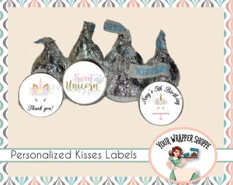 Personalized UNICORN Birthday Party Favors Kiss Labels Stickers Supplies