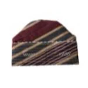 May include: A striped knit beanie hat in shades of burgundy, gray, and beige. The hat has a frayed edge and a slightly slouched shape.