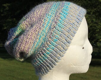 Purple and Blue and Green Cotton and Alpaca Hat, Hand Knit, Women's Hat, Girl's Hat