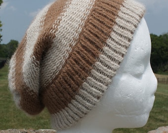 Brown and White Hat, Alpaca Hat, Striped Hat, Alpaca Beanie, Brown and White Beanie