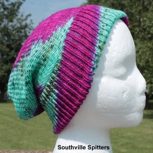 Hand Knit Merino Wool Beanie: Purple and Turquoise Green