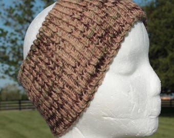 Hand Knit Brown and Tan Alpaca Ear Warmers, Alpaca Headband