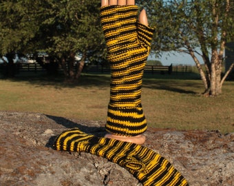 Black and Yellow Gloves, Wool Fingerless Gloves, Texting Gloves, Women's Gloves