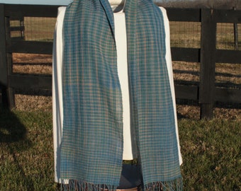 Blue and Brown Scarf, Cotton and Linen Scarf, Handwoven Scarf