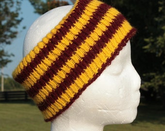 Maroon and Yellow Ear Warmers, Alpaca Ear Warmers, Maroon and Yellow Headband, Alpaca Headband