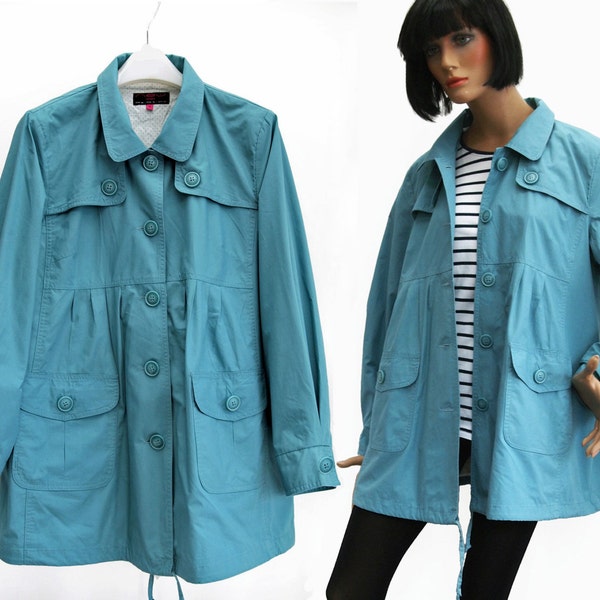 Bright Blue Cotton Casual Jacket. 1980 Vintage Parka Style Long Jacket. Lightweight Raincoat. Drawstring, Bubble Hem. Size Large