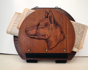 Deco Wood Newspaper Rack with Dog's Head. Doberman Pinscher. Wall Mounted or Free Standing Magazine Rack. Letter Rack . Vintage 1930s 1940s