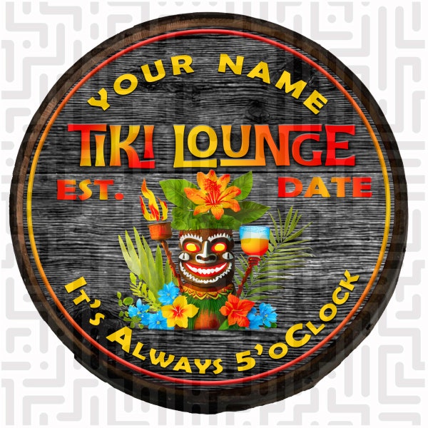 Wooden Barrel End Customized Tiki Lounge - It's Always 5 o'clock Happy Hour -  Wooden Background Polynesian Happy Gift for Men Man Cave