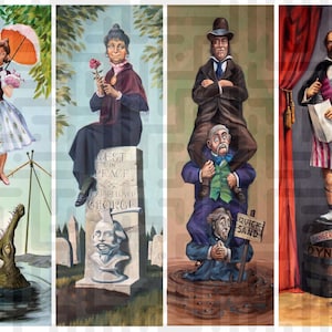 May include: Four vertical paintings depicting scenes from a haunted house. The first shows a woman with an umbrella, the second a woman with a rose, the third men sinking in quicksand, and the fourth a man standing on a barrel.