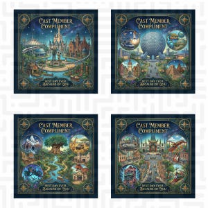 May include: Four square art prints with a dark blue border and gold accents. Each print features a different theme park with the text "CAST MEMBER COMPLIMENT" and "BEST DAY EVER... BECAUSE OF YOU". The prints showcase detailed illustrations of various attractions.