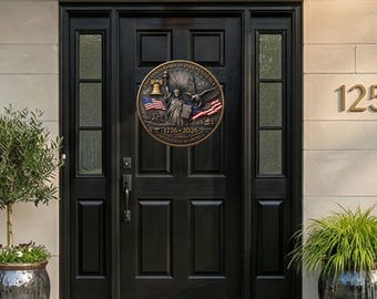 Colgante de puerta del 250 aniversario de la Independencia, letrero redondo patriótico 1776-2026, decoración del semiquincentenario de Estados Unidos, corona de puerta del patrimonio estadounidense.