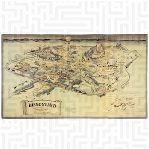 May include: Vintage Disneyland park map featuring a detailed illustration of the park layout. The map includes a banner with the Disneyland logo and the text "Scenic Aerial View". The map is in shades of beige, brown, and green.
