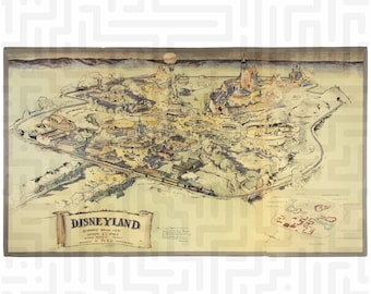 Impresión remasterizada de arte conceptual vintage de Disneyland de 1955, extremadamente rara. Mapa esquemático de WED Enterprises de 1955. Decoración de pared de parque temático de mediados de siglo.