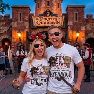 May include: Two people wearing white t-shirts with the text 'it's all FUN & GAMES until someone needs an EYE PATCH' and a skull graphic. They wear black eye patches and hold curved swords. One wears red sequined mouse ears with a skull accent.