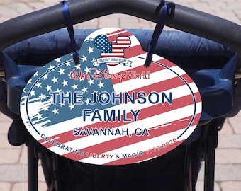 Placa personalizada para cochecito de Disney (250.º aniversario de EE. UU.) / Placa de scooter personalizada / Viaje a Disney World 2026 / Letrero de Stroller Spotter