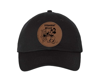 Gorra de papá Steamboat Willie: gorra vintage de cuero sintético con parche de Mickey Mouse