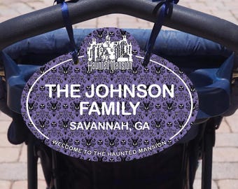 Etiqueta personalizada para mochila, equipaje y cochecito Disney - Etiqueta con nombre para scooter - Letrero familiar personalizado - Nombre esencial para cochecito Disney de Haunted Mansion