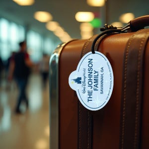 May include: A brown leather suitcase with a luggage tag that reads "Walt Disney World, The Johnson Family, Savannah, GA, The Most Magical Place on Earth."