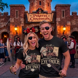 May include: Two black t-shirts featuring a graphic of a skull wearing a pirate hat, a compass, and the text 'it's all FUN & GAMES until someone needs an EYE PATCH'. The shirts are worn with black eye patches and silver-toned toy pirate swords.