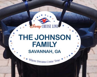 Etiqueta personalizada para cochecito de Disney, scooter, etiqueta con nombre, letrero de identificación familiar personalizado - Disney Cruise Line Essential Disney, etiqueta con nombre para cochecito, scooter