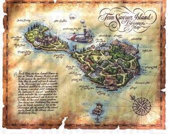 Impresión de mapa raro de la isla de Tom Sawyer Impresión del mapa de la isla de Tom Sawyer Edición final de Walt Disney World Póster raro de Frontierland Lienzo fotográfico de archivo