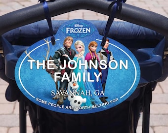 Etiqueta personalizada para cochecito de Disney, etiqueta con nombre para scooter - Letrero familiar personalizado - Frozen Olaf Anna Elsa Letrero esencial para cochecito de Disney