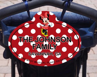 Etiqueta personalizada para cochecito de Disney, etiqueta con nombre para equipaje y scooter - Letrero de identificación familiar personalizado - Minnie Mouse Essential Disney Stroller Tag Sign