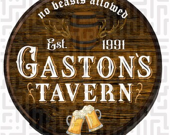 Gaston’s Tavern Barrel Wall Art  22" Rustic Hardwood Sign  No Beasts Allowed  Beer Lover’s Pub Decor  Disney-Inspired Bar Wall Hanging