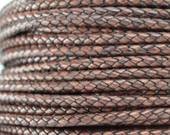 10 Feet of 6MM Natural Antique Brown Braided Round Bolo Genuine Leather Cord