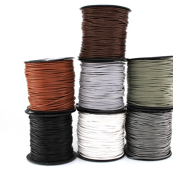 2MM Black, White, Silver, Gray, Brown, Chocolate Round Genuine Leather Cord (1, 5, 10, 25, 50 yards) (1m, 10m, 50m) Premium Leather