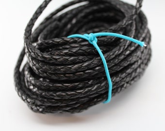 Black Braided Round Bolo Leather Cord 3mm 4mm 5mm 6mm 8mm 10mm 5, 10, 25, 50, 100 Feet (yards, meters) Premium Leather Lace