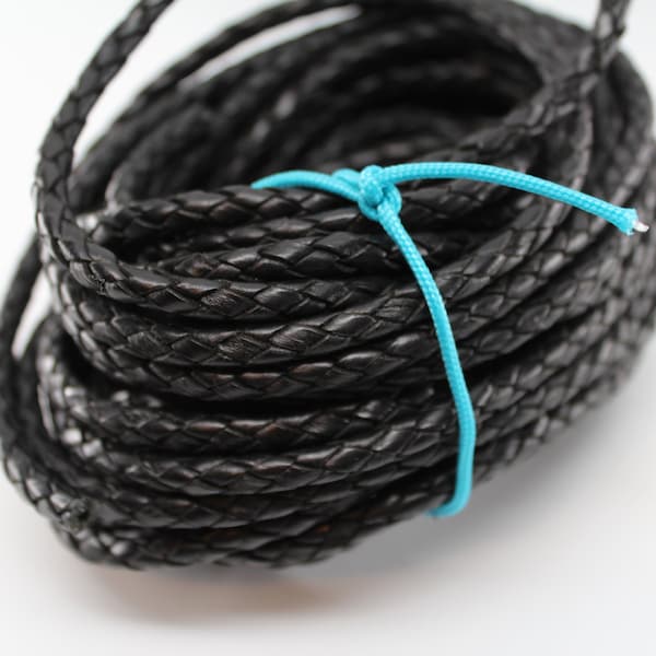 Black Braided Round Bolo Leather Cord 3mm 4mm 5mm 6mm 8mm 10mm 5, 10, 25, 50, 100 Feet (yards, meters) Premium Leather Lace