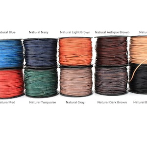 May include: Ten spools of leather cord in various colors, including blue, navy, light brown, antique brown, natural, red, turquoise, gray, dark brown, and black.