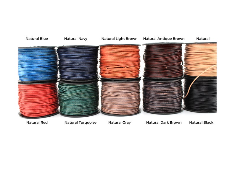 May include: Ten spools of leather cord in various colors, including blue, navy, light brown, antique brown, natural, red, turquoise, gray, dark brown, and black.