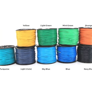 May include: Spools of colorful cord in various colors including turquoise, light violet, sky blue, blue, navy blue, yellow, light green, mint green, and orange.