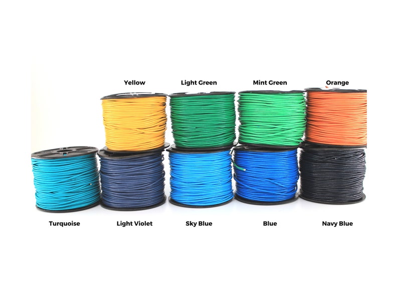 May include: Spools of colorful cord in various colors including turquoise, light violet, sky blue, blue, navy blue, yellow, light green, mint green, and orange.