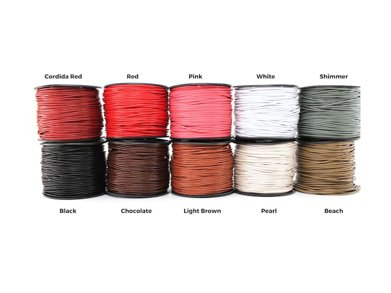 May include: Ten spools of leather cord in various colors, including Corrida Red, Red, Pink, White, Shimmer, Black, Chocolate, Light Brown, Pearl, and Beach.